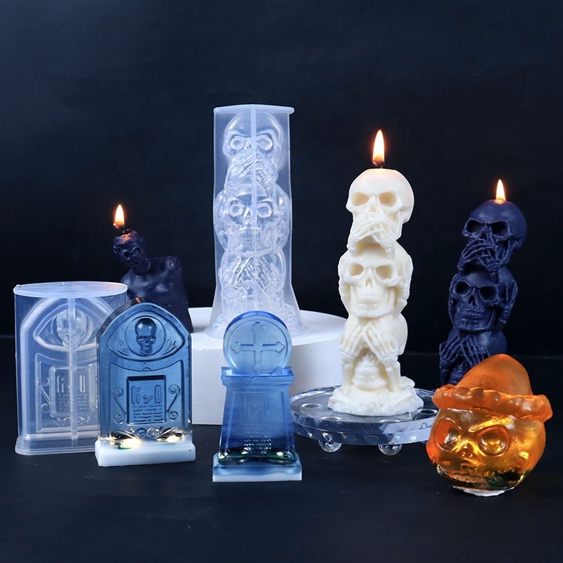 DM311 Halloween Ghost Pumpkin Lantern Skeleton Concrete Tombstone Headstone Scented Soap Candle Silicone Mold