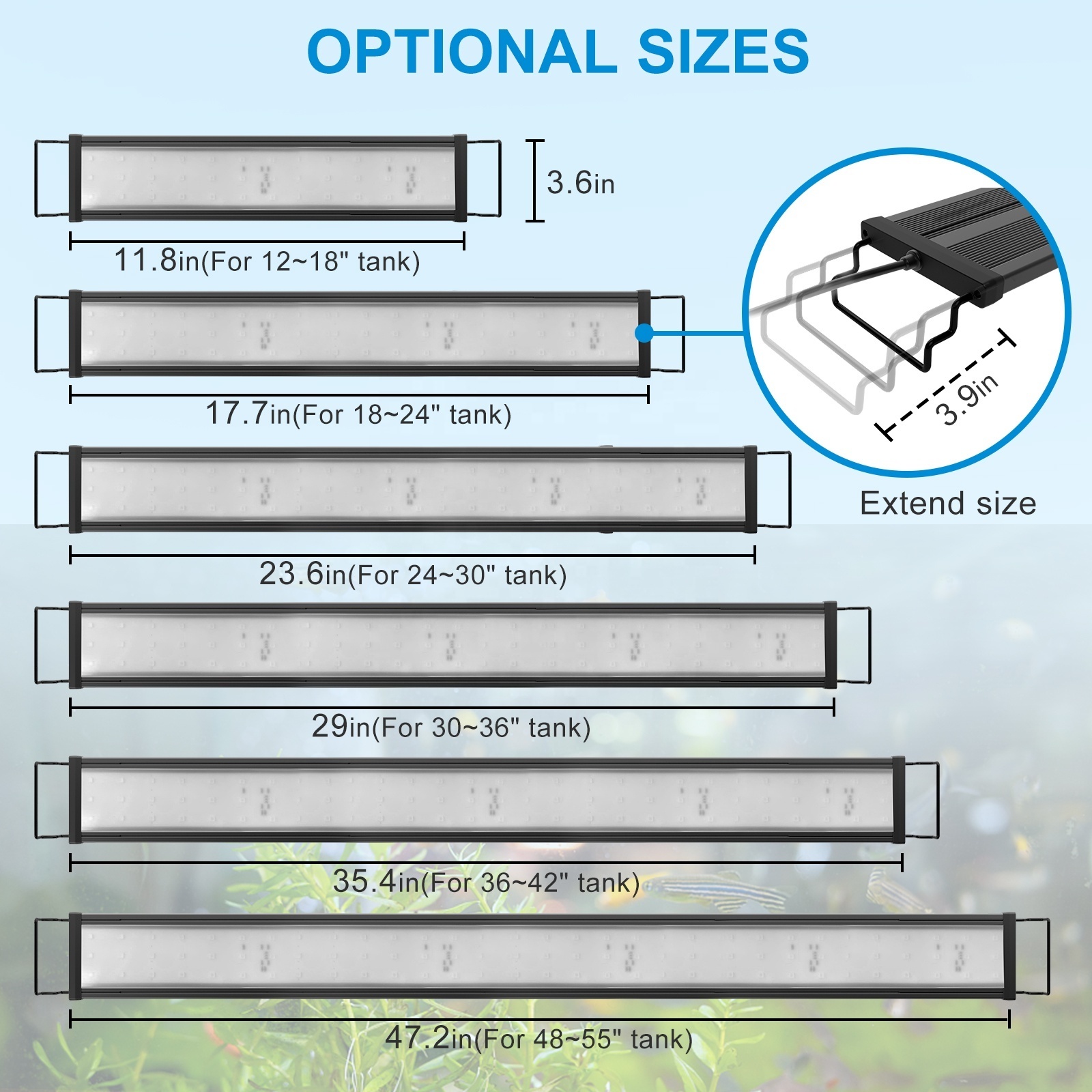 15W 25W 30W 40W 50W 60W Multi-Color LED Aquarium Light Full Spectrum for 12 Inch to 48 Inch Fish Tank Light Fresh Water Light