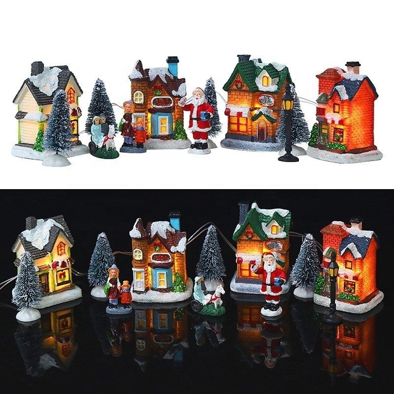 2021 New Led Light Up Fiber Optic Resin Christmas Village House Lighting Miniature Set Snow Scene House Statues Christmas Decor