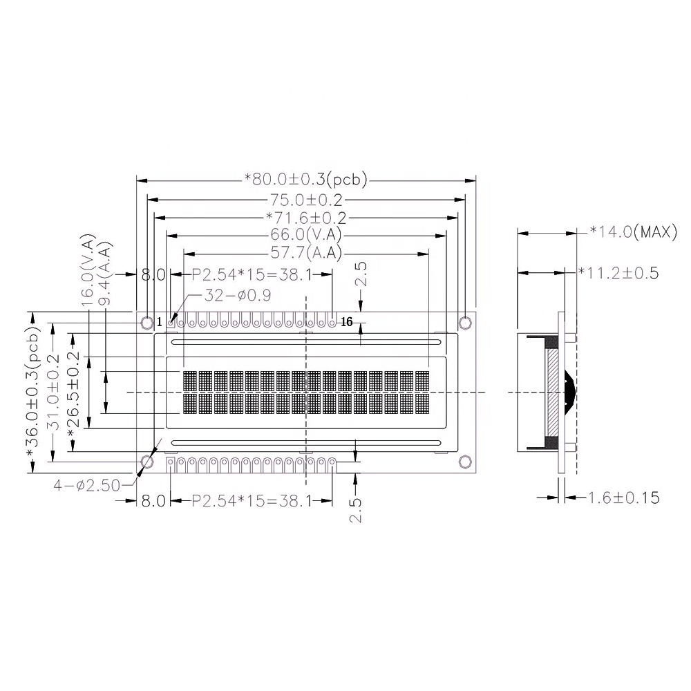 TCC(1602A2)outdoor 16x2 character sunlight readable lcd display module 16 pin STN monochrome 1602 lcd screen