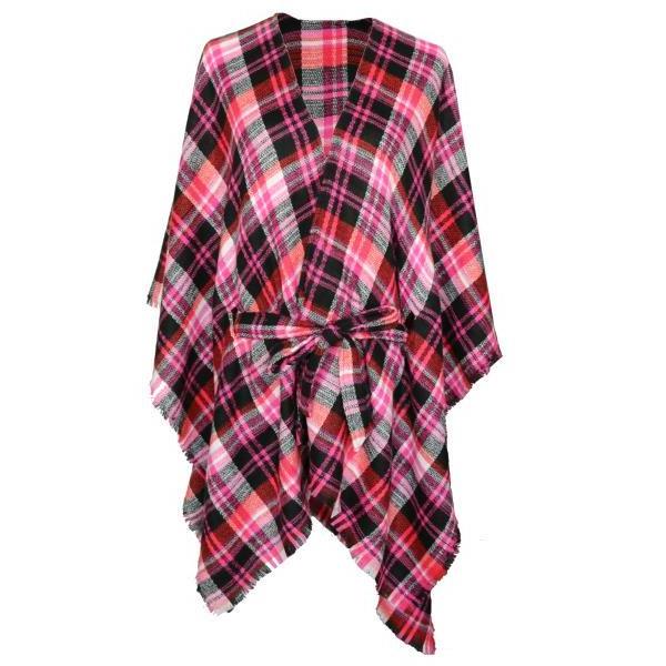 Ladies' 100%acrylic plaid poncho with belt, ladies winter ponchos