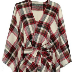 Ladies' 100%acrylic plaid poncho with belt, ladies winter ponchos