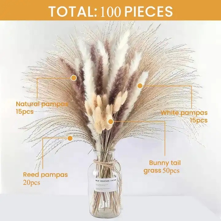 TC 100pcs Home Wedding Centerpieces Bouquet Decoration Artificial Dried Flowers Plants Decorative Fluffy Tall Pampas Grass