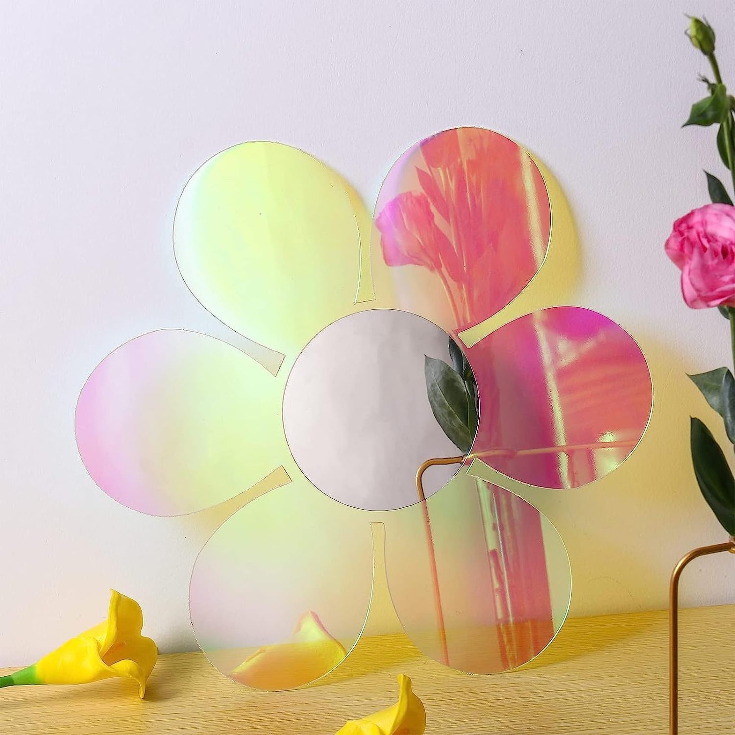 Anti Scratch Rainbow Acrylic Flower Shaped Mirror Stickers Removable Acrylic Mirror Wall Stickers For Room Wall Decor Photo Prop