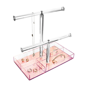 2 Tier Acrylic T Bar Rose Gold Mirrored Base with Storage Compartments Bracelet Display Holder Bangle Necklace Storage Tower