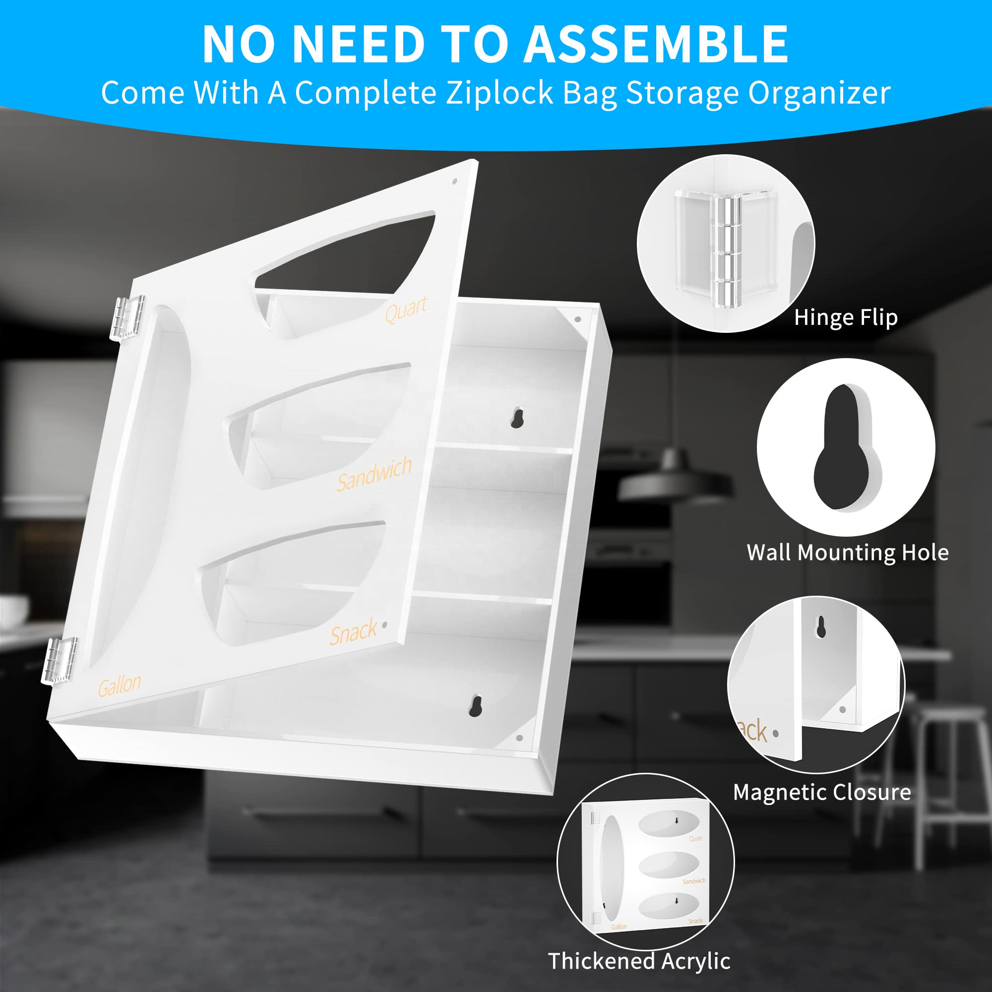 Customized Kitchen Accessories Sandwich Bag Drawer Organizer Wall Mount White Acrylic Expandable Ziplock Bag Storage Organizer