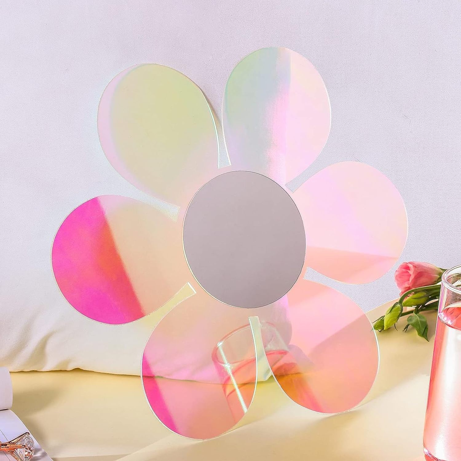 Anti Scratch Rainbow Acrylic Flower Shaped Mirror Stickers Removable Acrylic Mirror Wall Stickers For Room Wall Decor Photo Prop