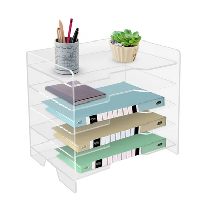 clear Office Sorter Stackable Desk Organizer Paper Letter Tray 5 Tier Acrylic Desk File Organizer with Bottom Handle