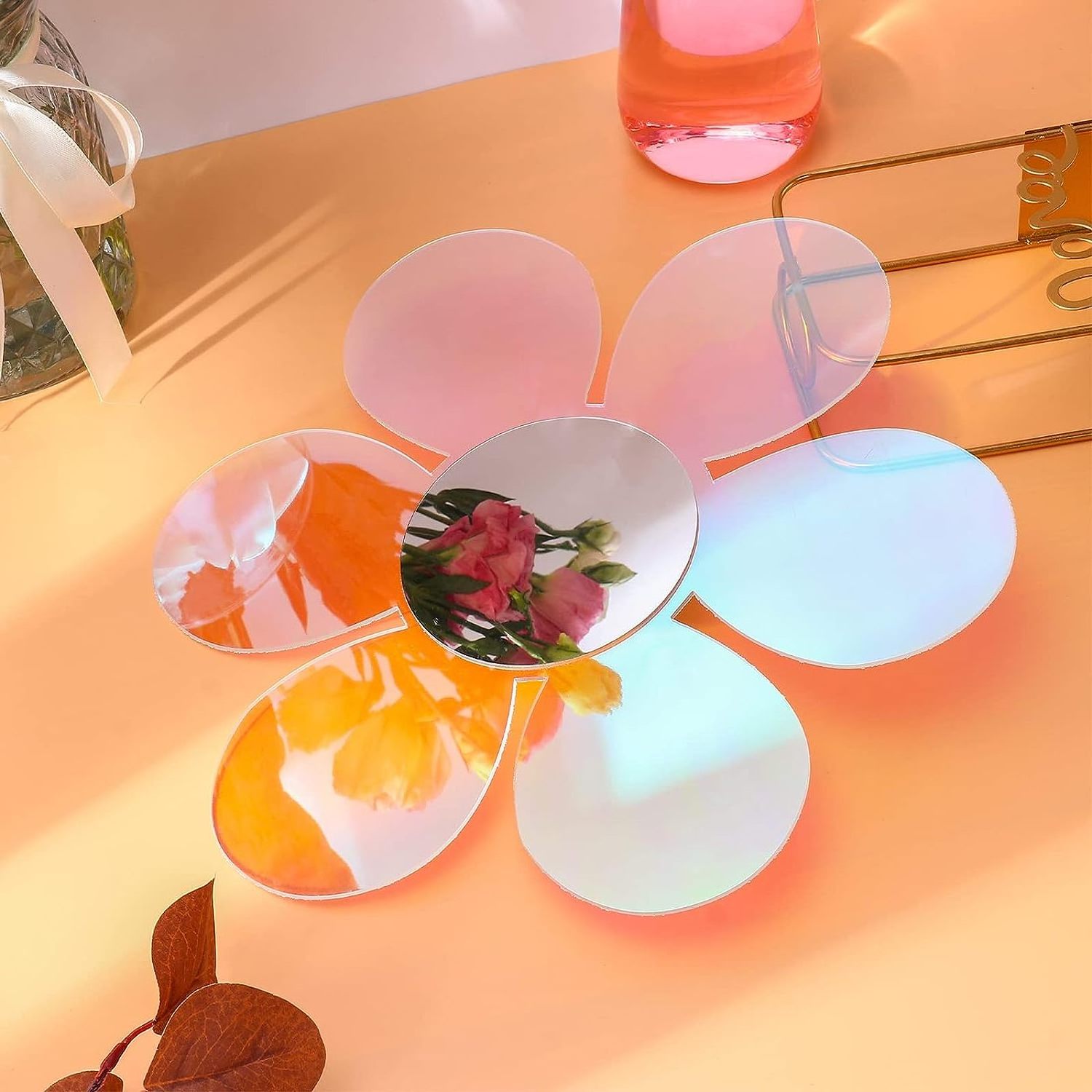 Anti Scratch Rainbow Acrylic Flower Shaped Mirror Stickers Removable Acrylic Mirror Wall Stickers For Room Wall Decor Photo Prop