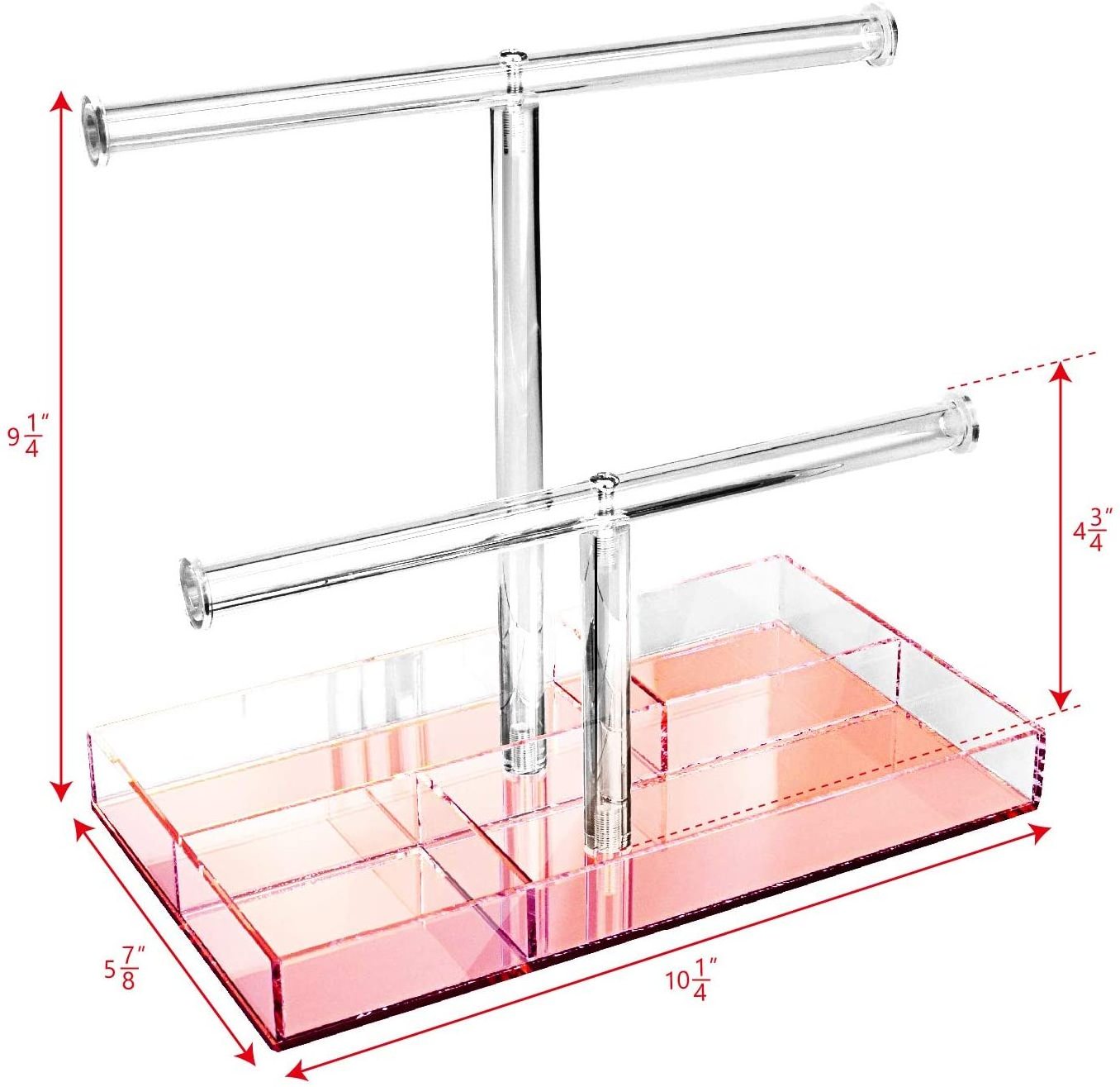 2 Tier Acrylic T Bar Rose Gold Mirrored Base with Storage Compartments Bracelet Display Holder Bangle Necklace Storage Tower