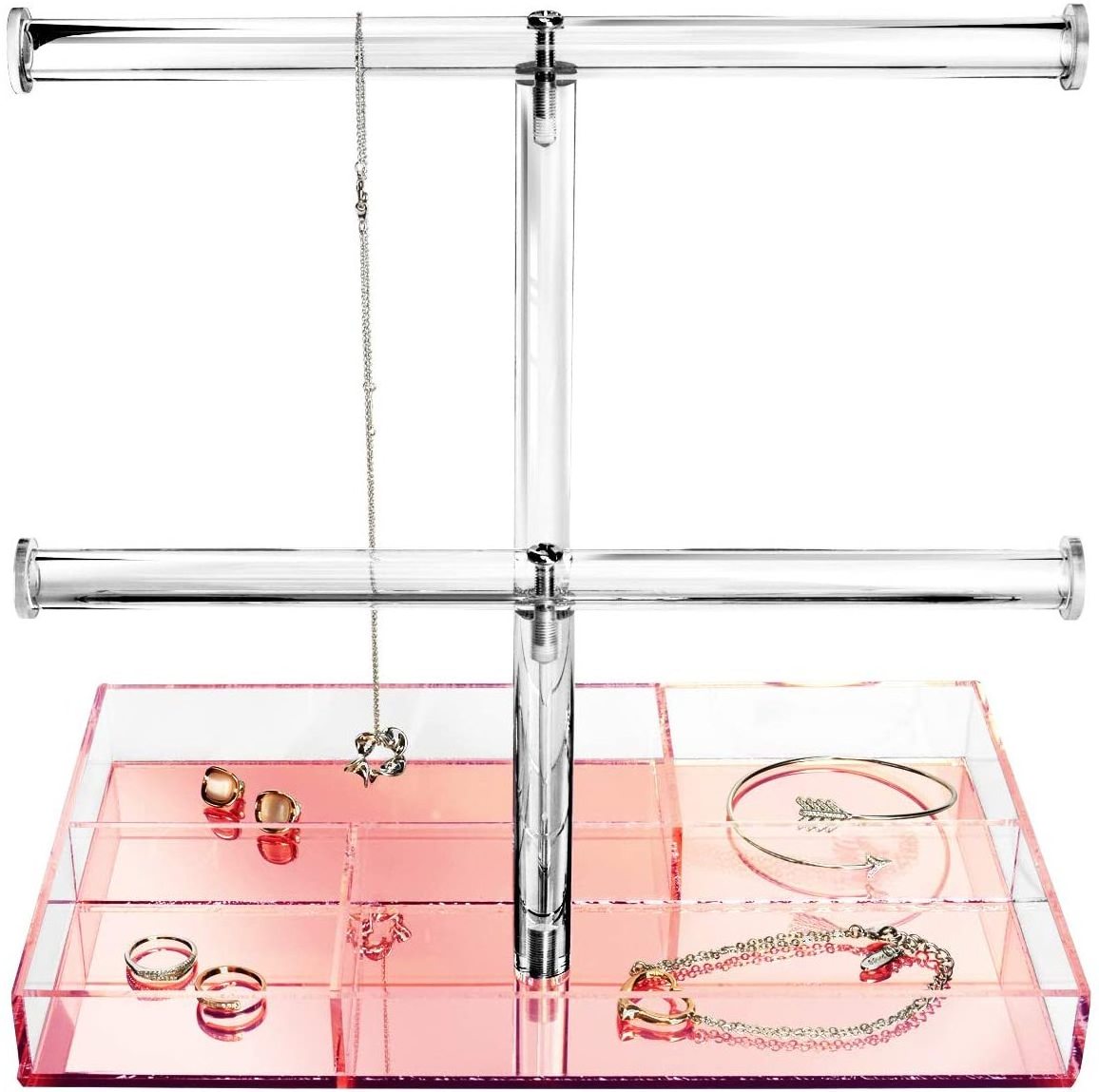 2 Tier Acrylic T Bar Rose Gold Mirrored Base with Storage Compartments Bracelet Display Holder Bangle Necklace Storage Tower