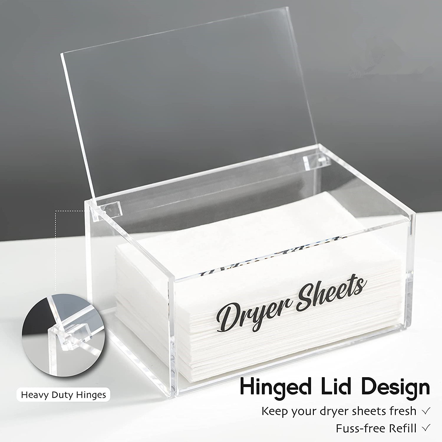 Customized Modern Acrylic Rectangle Dryer Sheet Dispenser with Hinged Lid Laundry Room Organization Decor Storage Containers Box