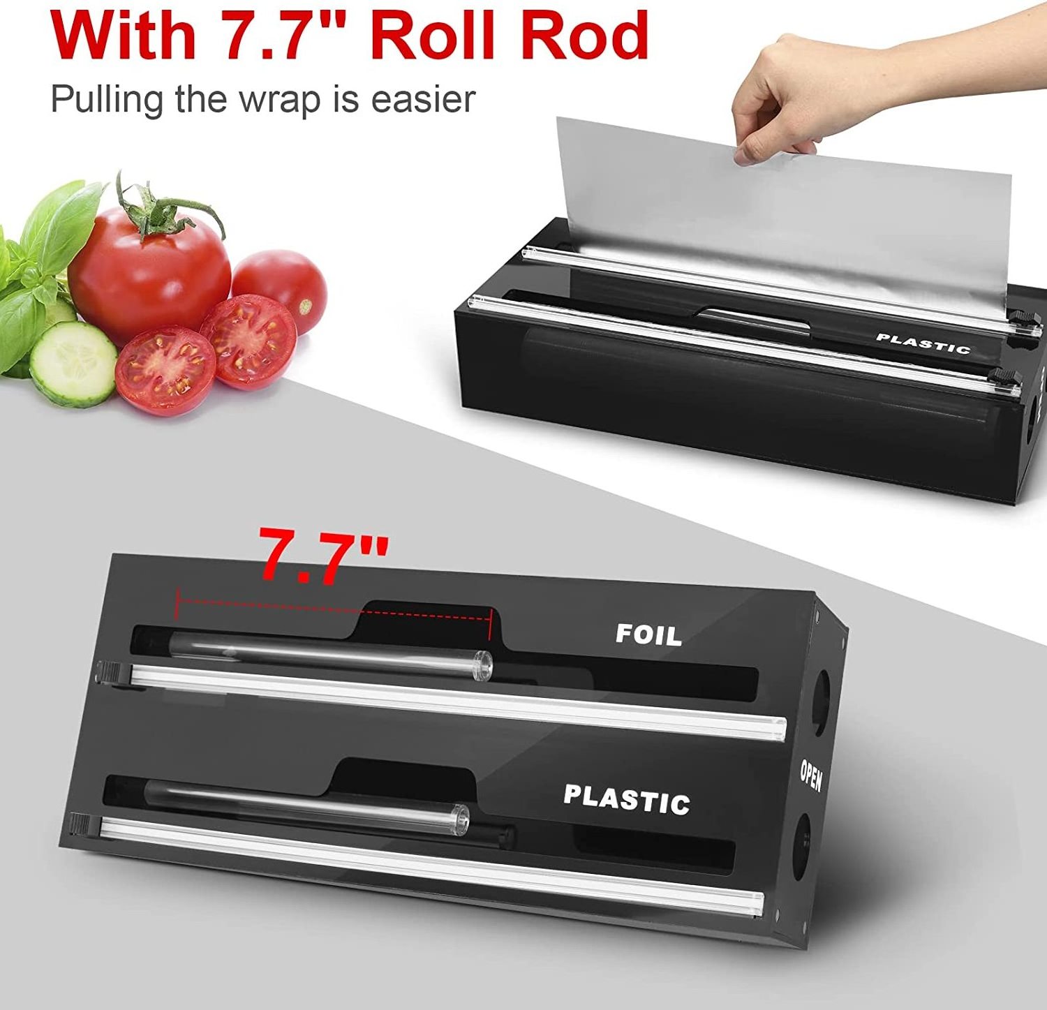 Hot Sale 2 in 1 Black Acrylic Plastic Wrap Dispenser with Cutter Foil Wax Paper Roll Organizer Dispenser for Kitchen Drawer