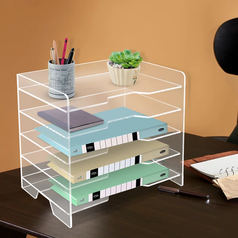 clear Office Sorter Stackable Desk Organizer Paper Letter Tray 5 Tier Acrylic Desk File Organizer with Bottom Handle