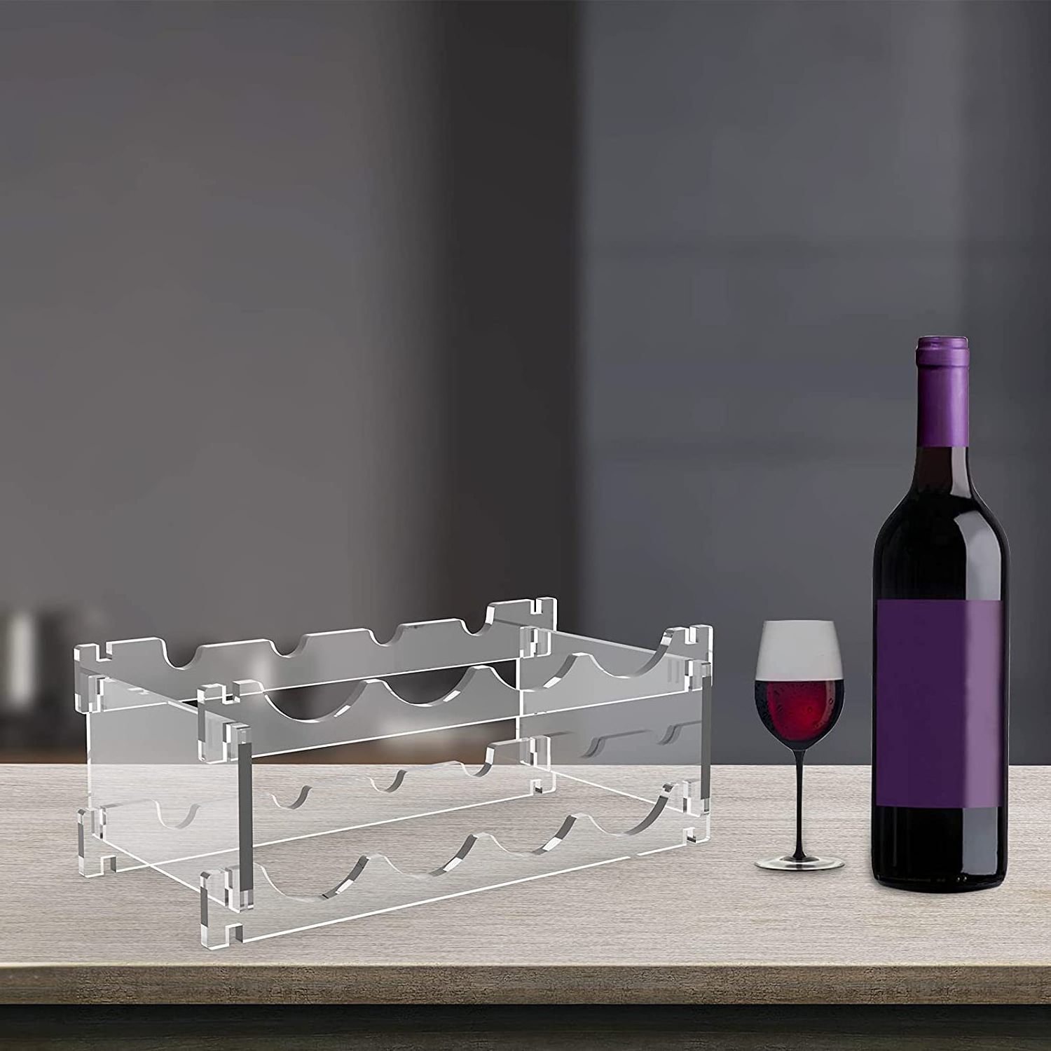 Transparent Acrylic 8 Bottle Wine Rack Stackable Modular Countertop Small Wine Glass Holder 2-Tier Display Wine Storage Shelves