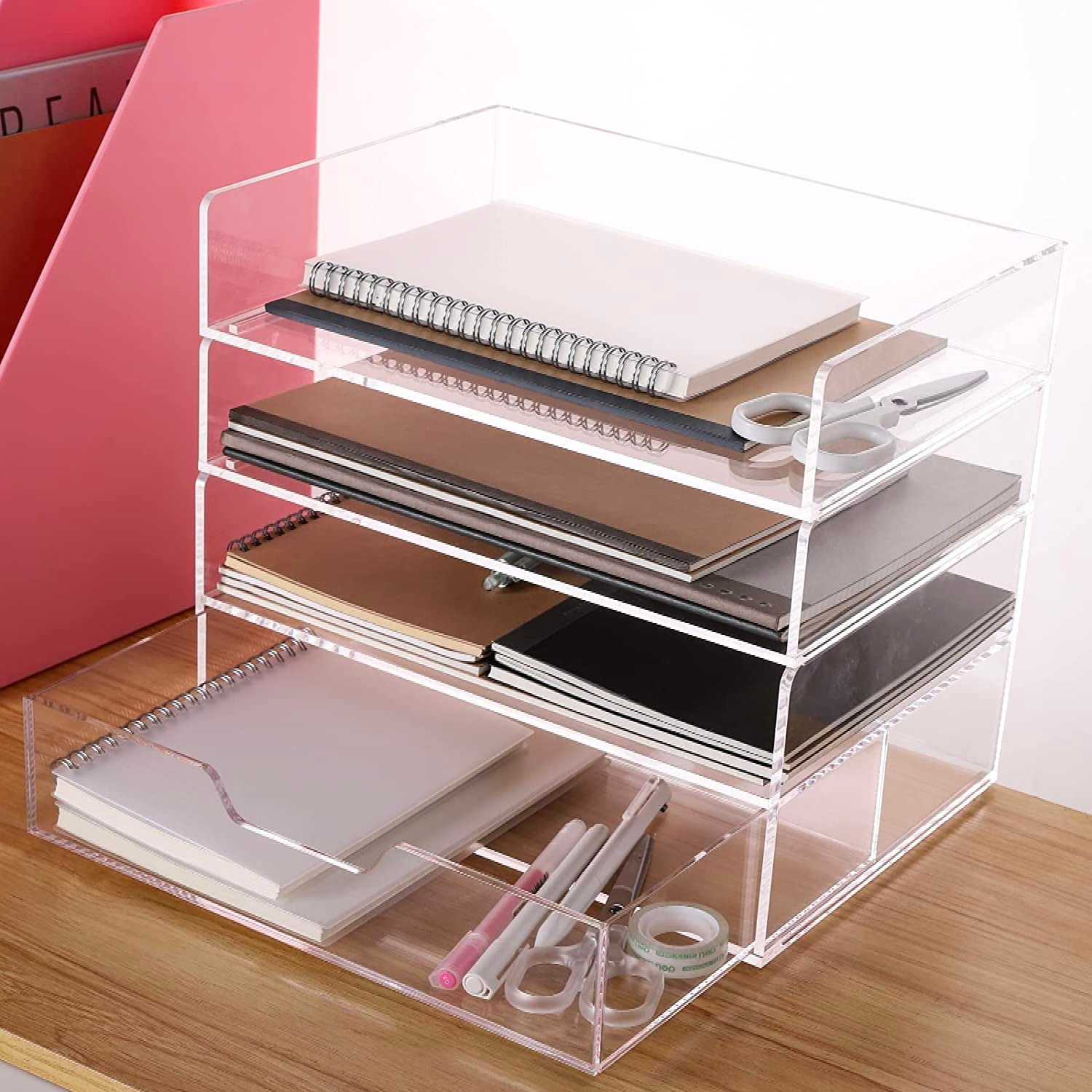 clear Office Sorter Stackable Desk Organizer Paper Letter Tray 5 Tier Acrylic Desk File Organizer with Bottom Handle