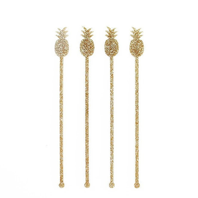 Pineapple Shaped Acrylic Swizzle Stick Gold Glitter Plastic Drink Stirrers