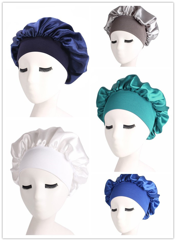 Wholesales Satin Sleep Hair care Silky Bonnet Elastic Wide Band Head Cover Night Sleep Muslim Headwear Hijab Turban Hat for Lady