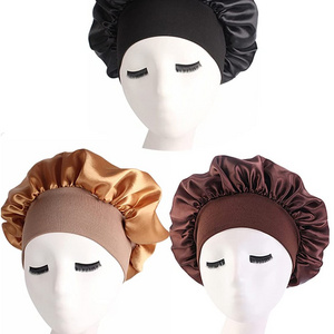 Wholesales Satin Sleep Hair care Silky Bonnet Elastic Wide Band Head Cover Night Sleep Muslim Headwear Hijab Turban Hat for Lady