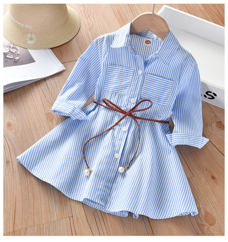 Spring and Autumn Girls dress children's lapel pink striped shirt dress baby belt princess party dress children  outfit