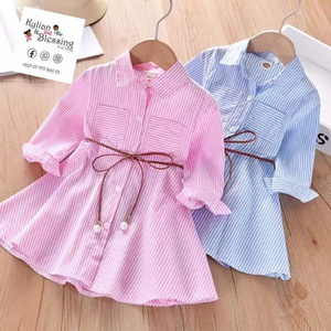 Spring and Autumn Girls dress children's lapel pink striped shirt dress baby belt princess party dress children  outfit