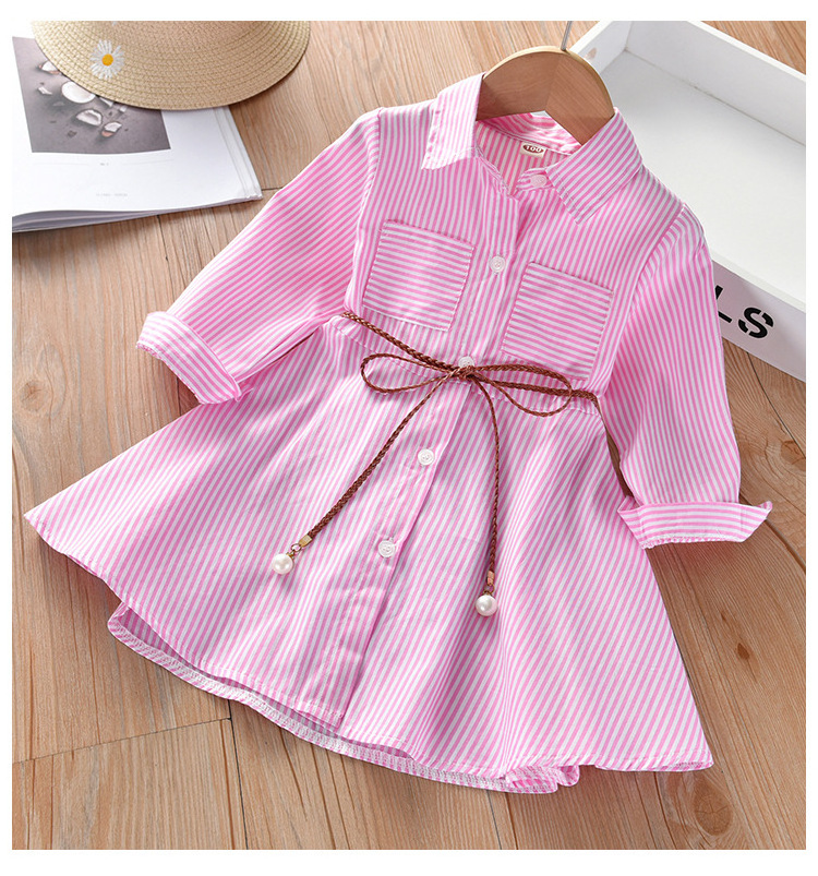 Spring and Autumn Girls dress children's lapel pink striped shirt dress baby belt princess party dress children  outfit