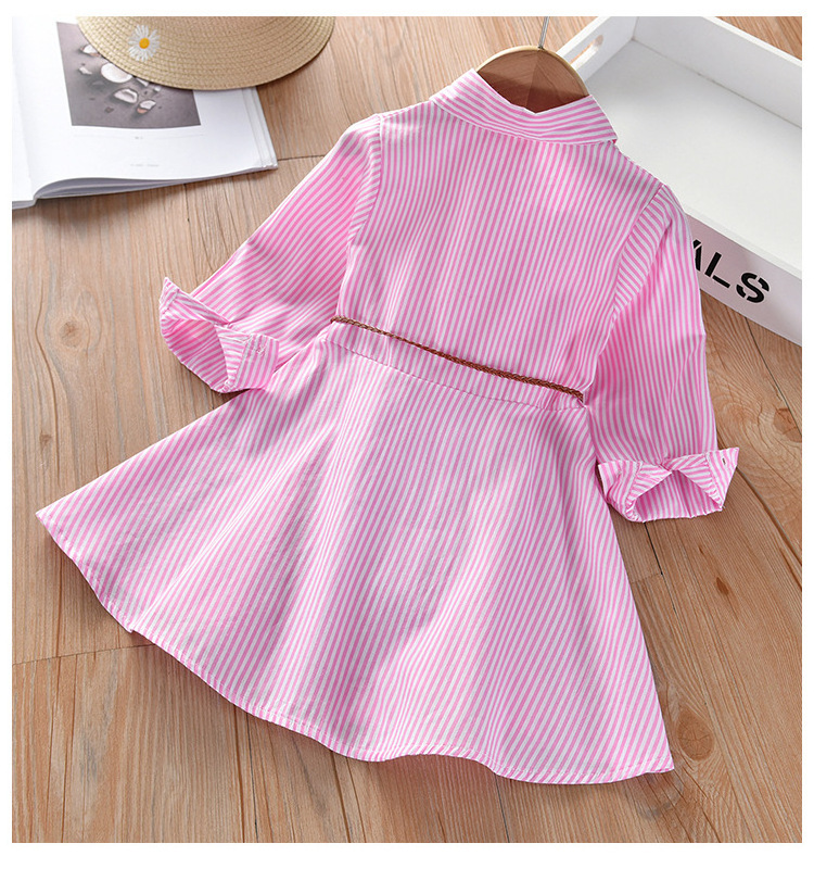 Spring and Autumn Girls dress children's lapel pink striped shirt dress baby belt princess party dress children  outfit