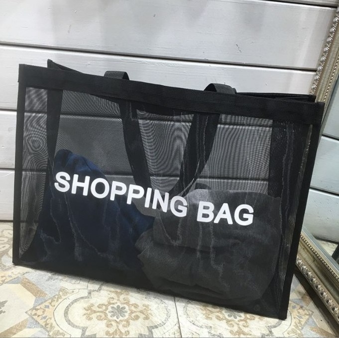 2022 Nylon Mesh Bag Customized Logo Transparent Black Nylon Mesh Beach Shopping Tote Bag