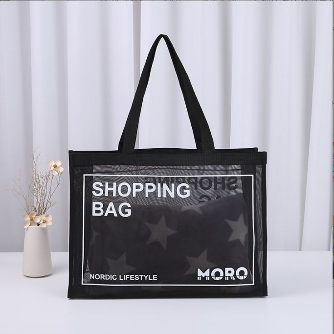 2022 Nylon Mesh Bag Customized Logo Transparent Black Nylon Mesh Beach Shopping Tote Bag