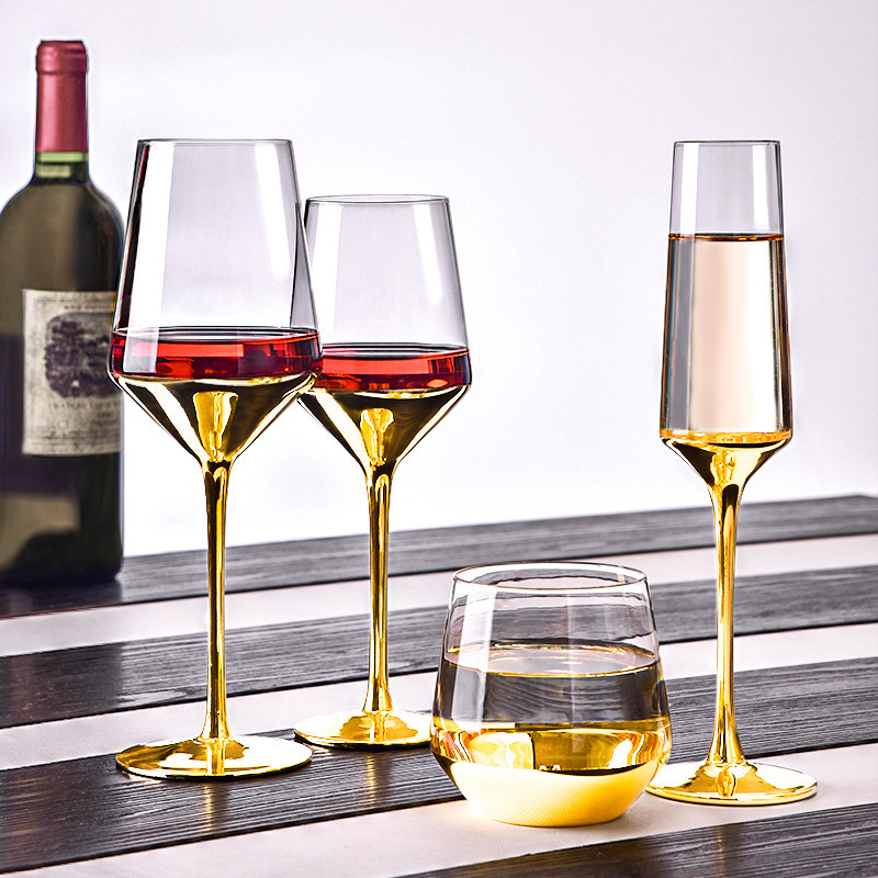 Wholesale Clear Wine Glasses Goblet Creative Unique Gold Stem Red Wine Glasses And Gold Stemless Wine Glass Drinking Glassware