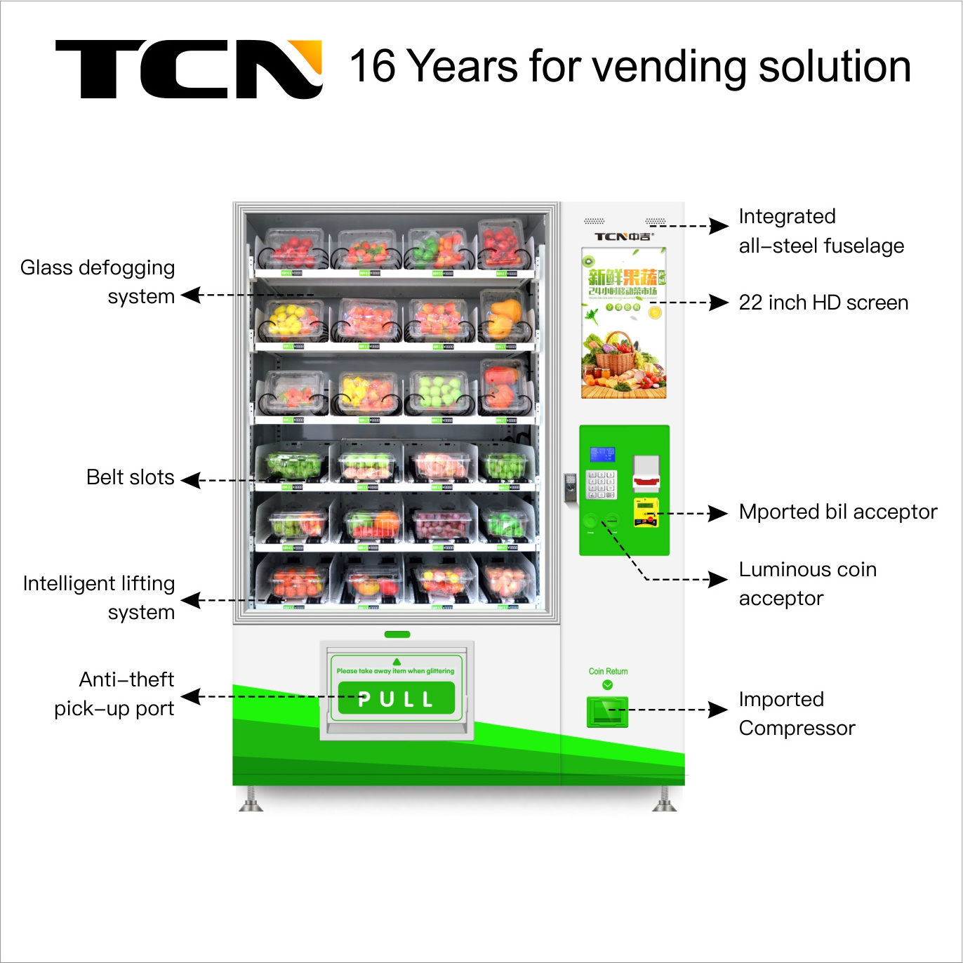 TCN belt conveyor Milk Sandwich Fruit meal hot food microwave Vending Machine with lift system