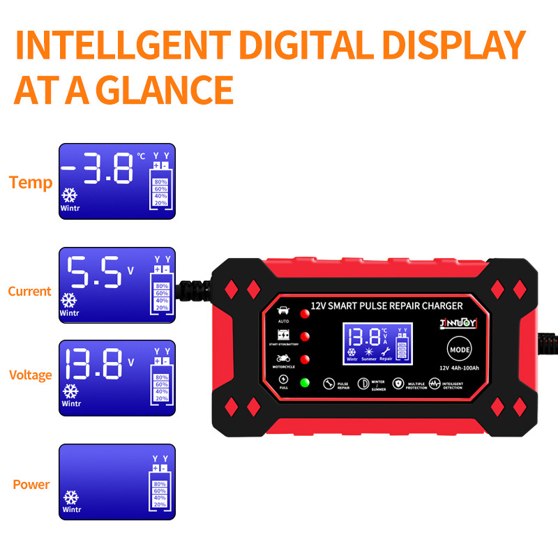 JINNUOYI Universal 12V 6A Pulse Repair Lead Acid Batteries Maintainer Auto Trickle Charger Automatic Smart Car Battery Charger