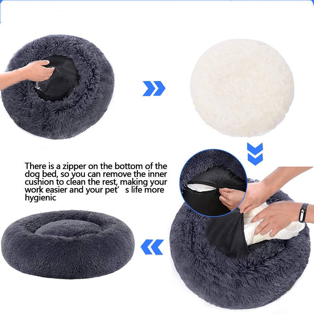 Wholesale Extra Large Sleeping Dogs Sofa Bed Washable Long Plush Round Pet Cat Dog Bed with Slip-Resistant Bottom