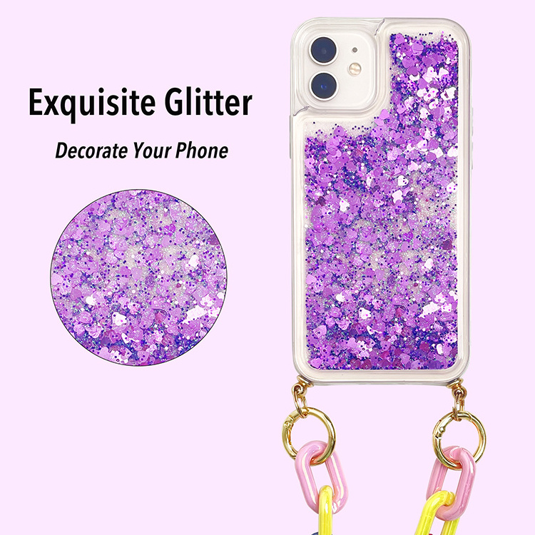 TENCHEN factory wholesale clear TPU PC wrist strap shining bling phone case custom liquid glitter phone case for iPhone 15