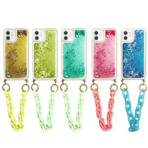 TENCHEN factory wholesale clear TPU PC wrist strap shining bling phone case custom liquid glitter phone case for iPhone 15