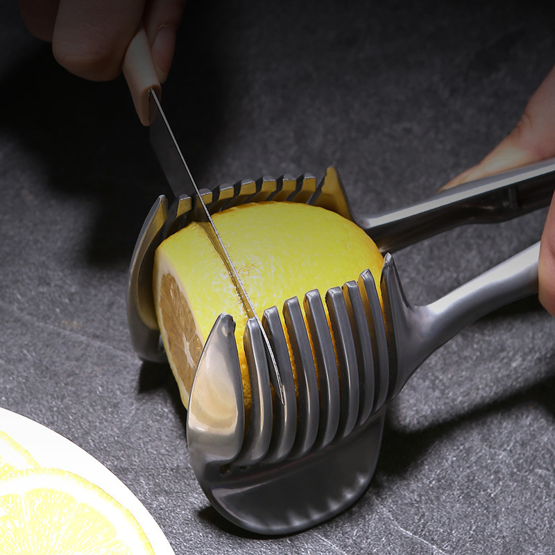 Tomato Slicers Lemon Cutter Multipurpose Handheld Round Fruit Tongs Stainless Steel Onion Holder, Easy to Slice Lemon Cutter