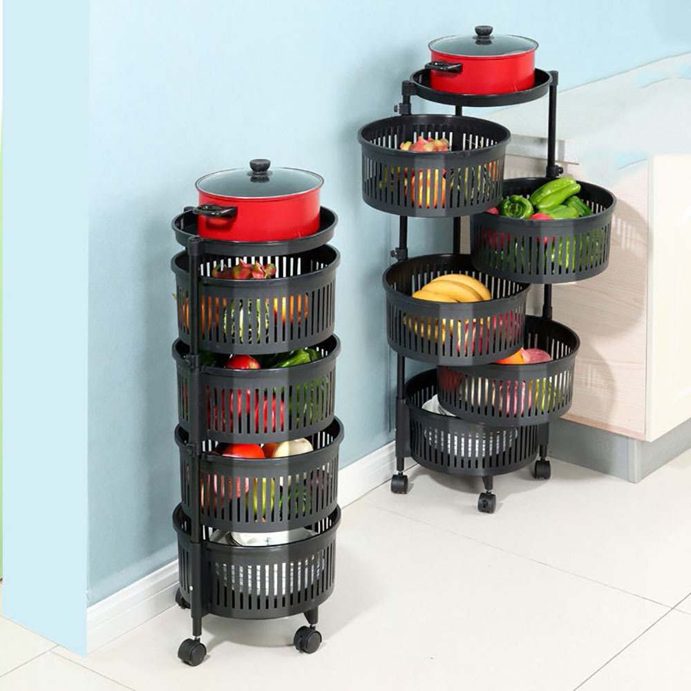 360 Degree Round Structure Saves Space Kitchen Floor Rotating Shelf Kitchen Vegetable Rack With Wheels