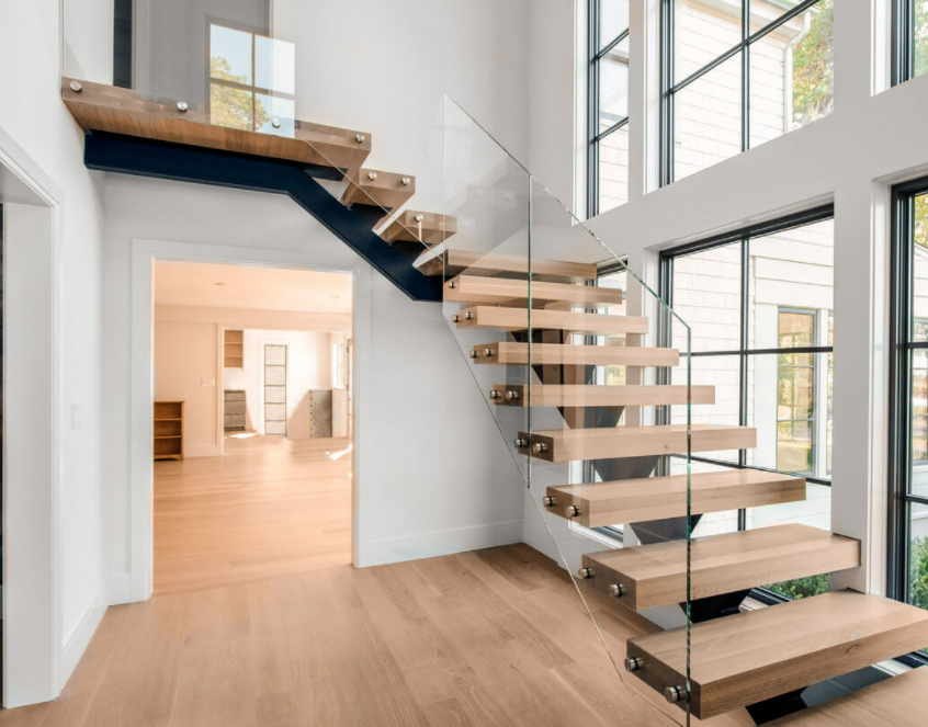 Wood floating stairs with tempered glass railing