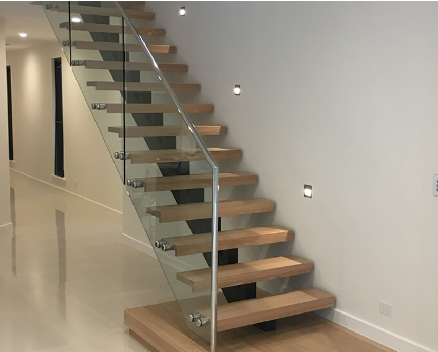 Wood floating stairs with tempered glass railing