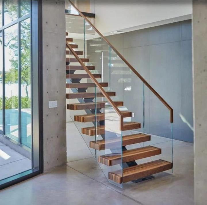 Wood floating stairs with tempered glass railing