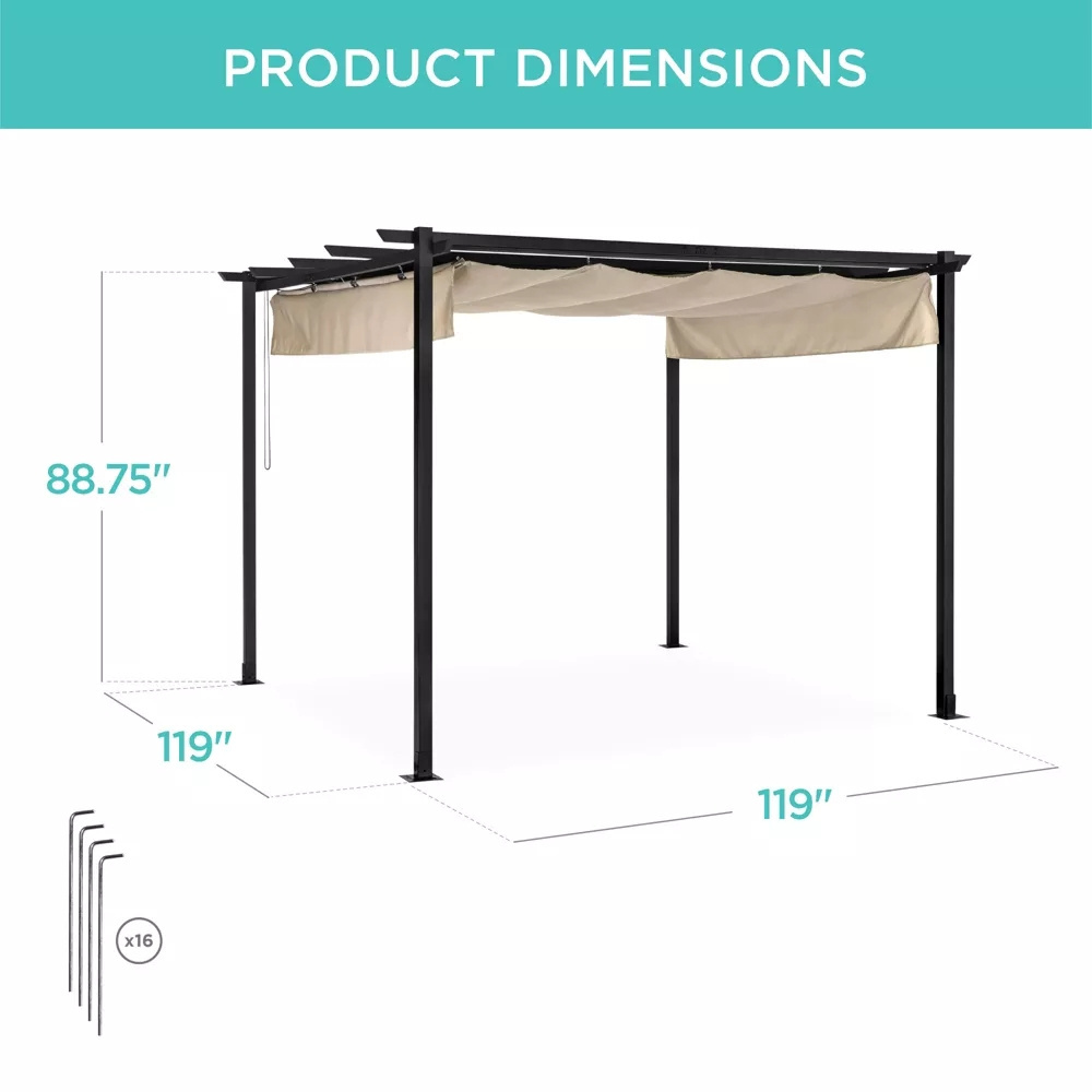 YASN 10x10ft Resistant Outdoor Pergola Patio Shelter Backyard Retractable Sun Shade Canopy Steel Frame Garden Grill Gazebo