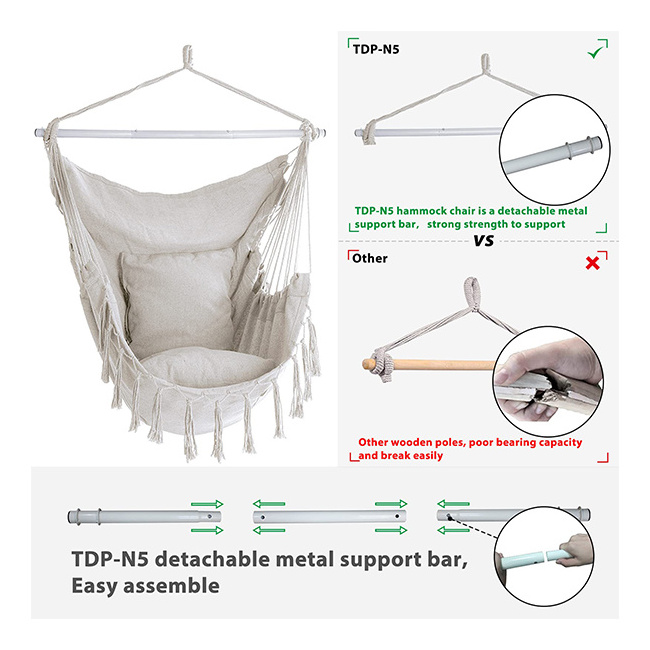 YASN Hammocks Polyester Cotton Garden Hammock Swing Hanging Chair Large Macrame Hanging Chair With Two Pillows