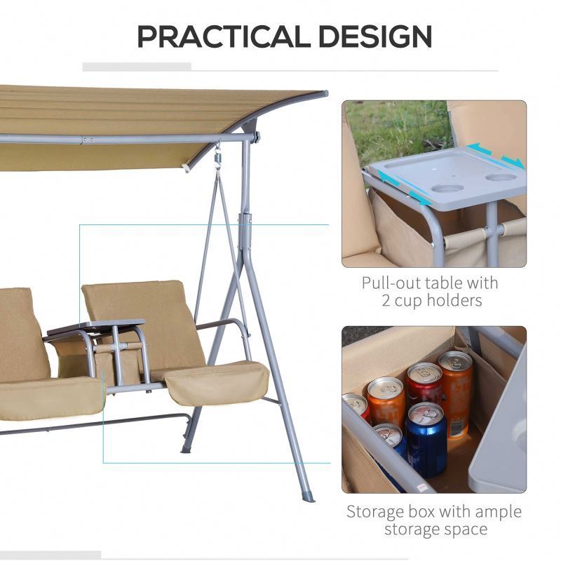 YASN HWQQ029 2 Person Patio Swing Hanging Chair Porch Swing Outdoor with Canopy Table and Storage