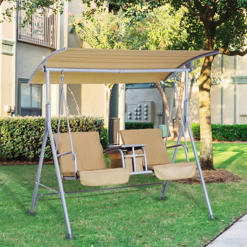 YASN HWQQ029 2 Person Patio Swing Hanging Chair Porch Swing Outdoor with Canopy Table and Storage