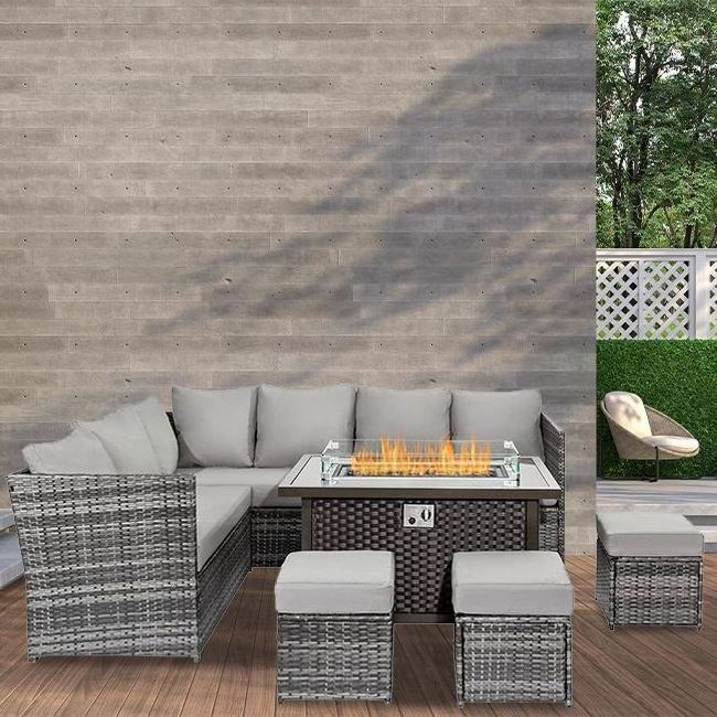 YASN  Modular Furniture Corner Patio Rattan Outdoor Sofa Set 7 Seater Fire Pit Garden Sofas Set Furniture with Fire Pit