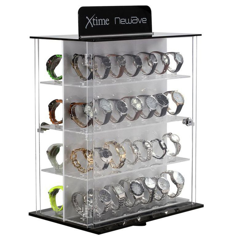 Acrylic double side rotating casio watch display case stand with locks