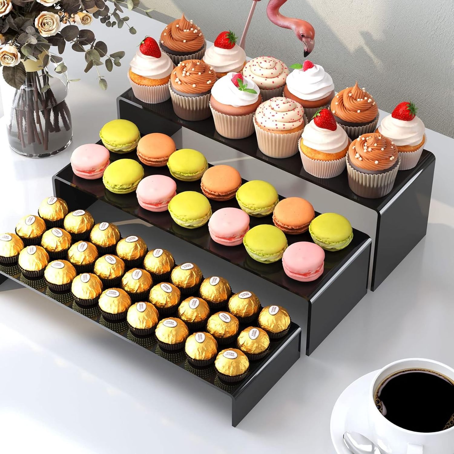 Custom Size Black Acrylic Riser Shelves Plexiglass Buffet Food Display Stands Cupcake Perfumes Risers