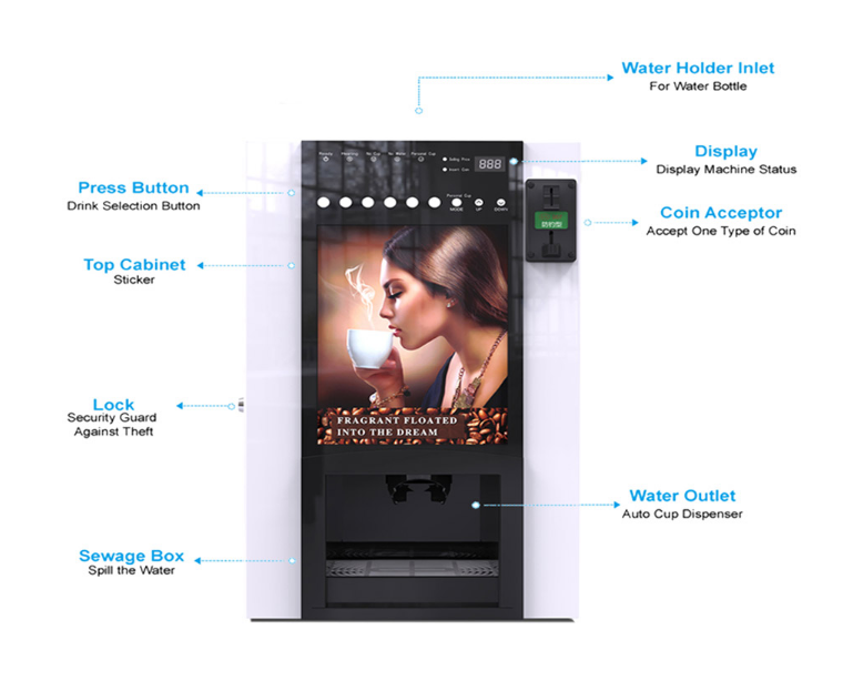 Coin Operated  Mixed Coffee CE Auto Instant With Cup Dispenser Coffee Vending Machine