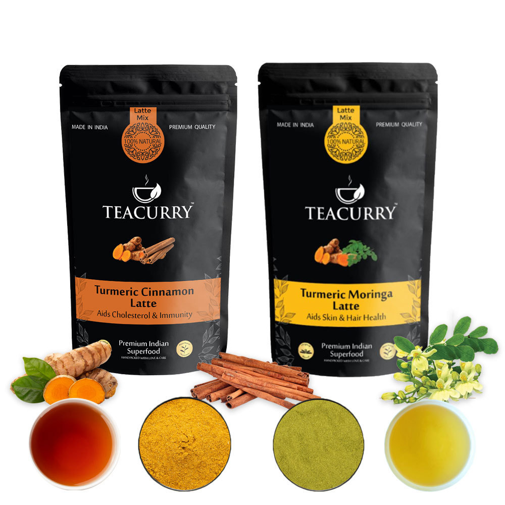 Cinnamon Green Tea from India - Turmeric Latte Combo - Turmeric Cinnamon Latte (50 Grams) & Turmeric Moringa Latte (50 Grams)