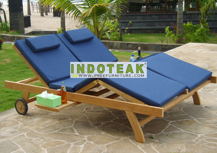 Teak outdoor double chaise lounges and cushion - Patio Reclining Sun Lounger At Factory Price - Teak Garden Furniture Supplier